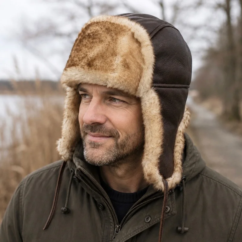 Mand med ushanka i lys pels